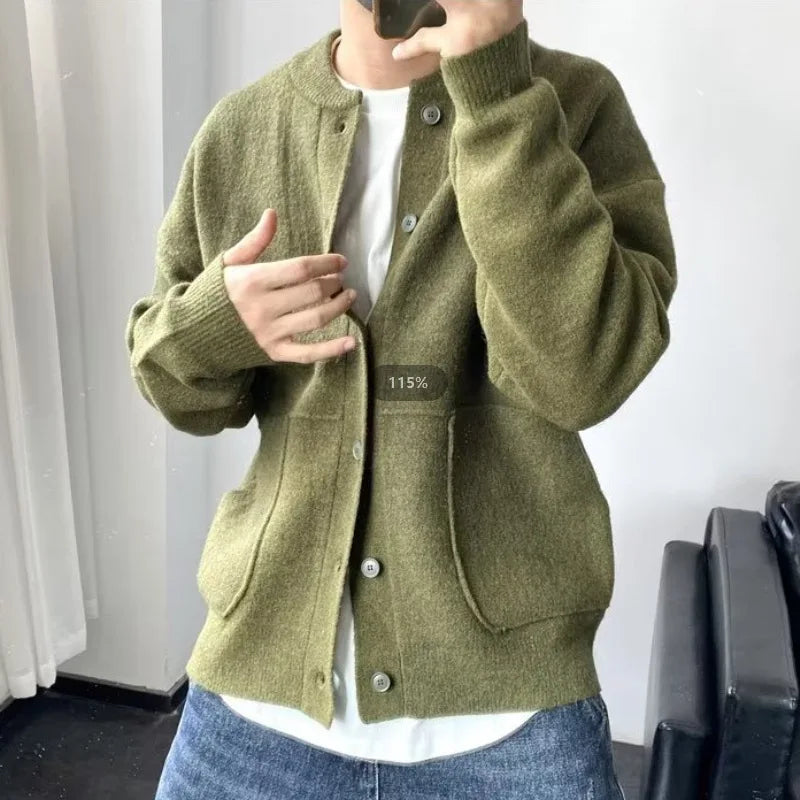 Mens Knitted Cardigan Sweater Casual Pure Color Versatile Autumn Winter Coat Youth Lazy Fashion Sty 1