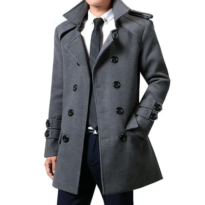 Mens Winter Woolen Trench Coat, British Style Double Breasted Slimming Overcoat, Medium Length