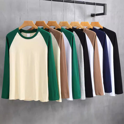 Retro Mens T Shirt, Pure Cotton Long Sleeve Top, Loose Fit US Style, Splicing Shoulder Sleeve Design