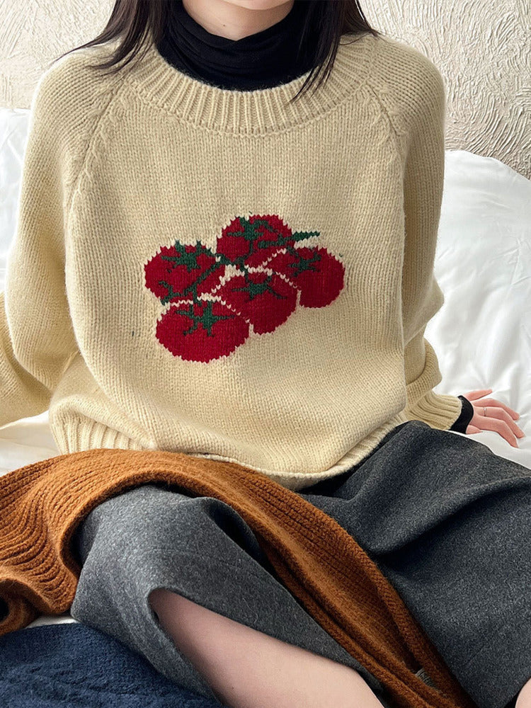 Autumn New Soft Pullover Tomato Pattern Knitted Sweater Loose Round Neck 1