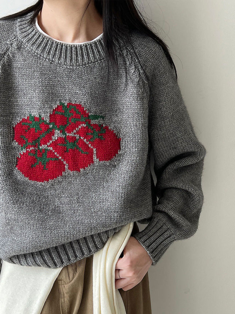 Autumn New Soft Pullover Tomato Pattern Knitted Sweater Loose Round Neck 2