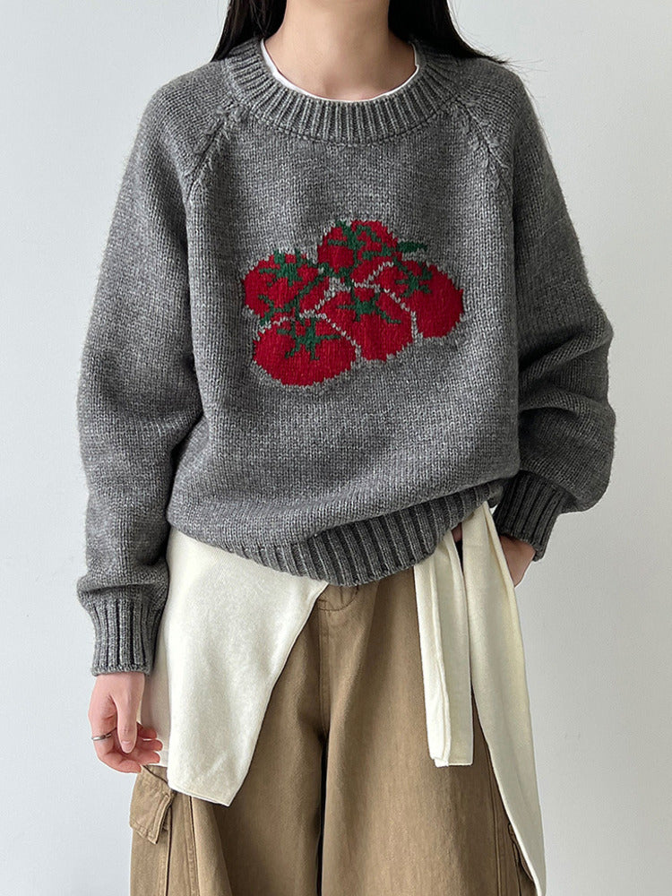 Autumn New Soft Pullover Tomato Pattern Knitted Sweater Loose Round Neck 3