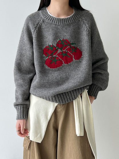 Autumn New Soft Pullover Tomato Pattern Knitted Sweater Loose Round Neck 3