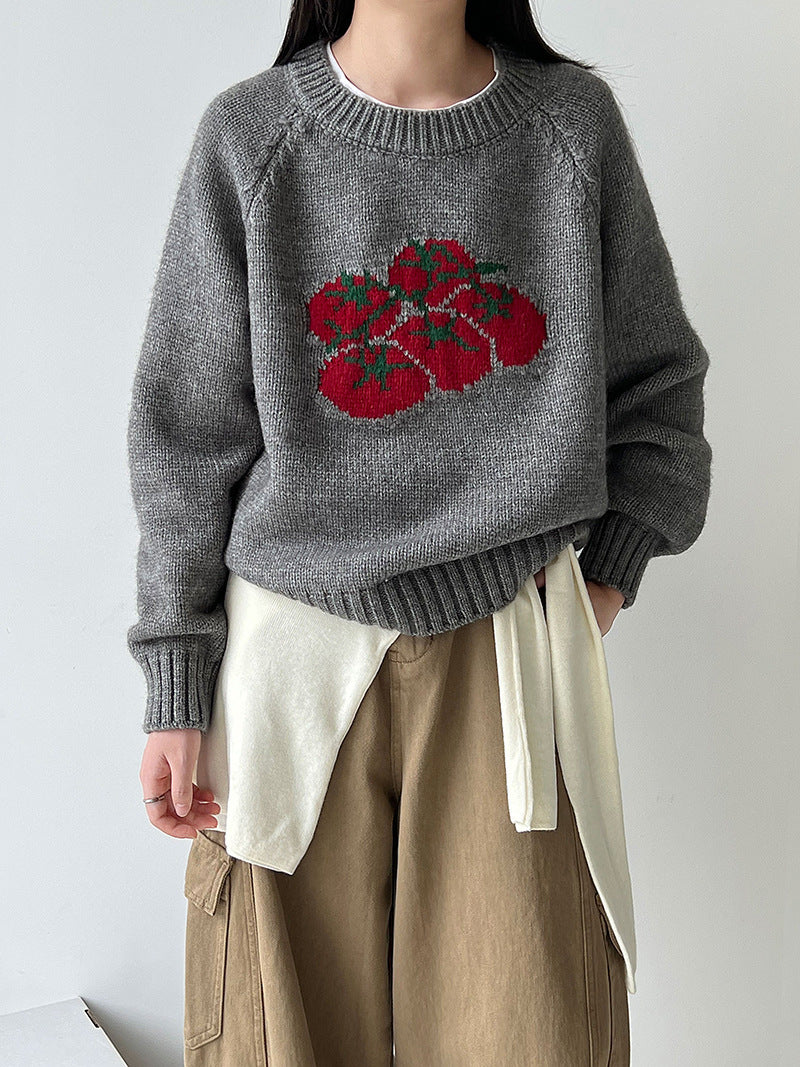 Autumn New Soft Pullover Tomato Pattern Knitted Sweater Loose Round Neck 5