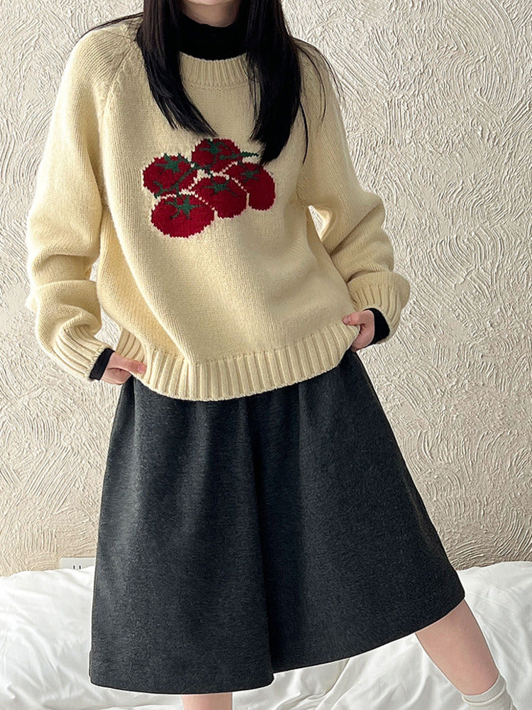 Autumn New Soft Pullover Tomato Pattern Knitted Sweater Loose Round Neck 4