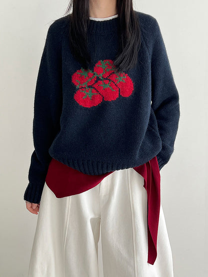 Autumn New Soft Pullover Tomato Pattern Knitted Sweater Loose Round Neck 7