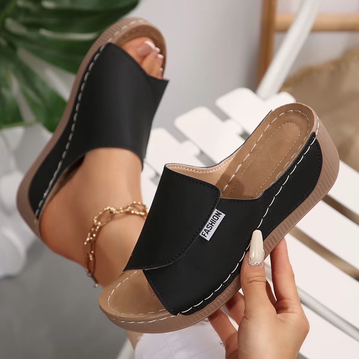 Womens Summer Wedge Slippers  Breathable Open Toe Fashion Slides With Adjustable Buckle 1