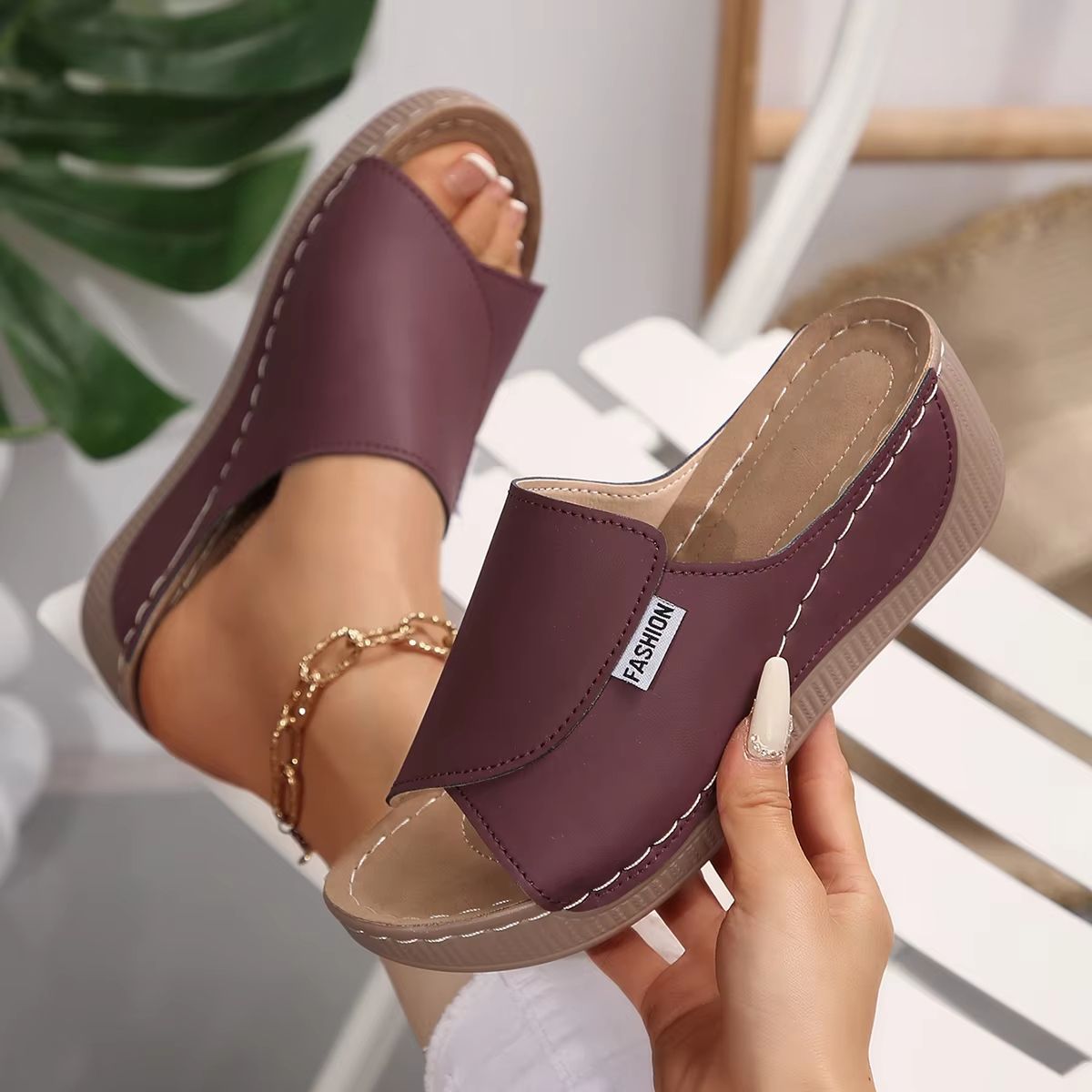 Womens Summer Wedge Slippers  Breathable Open Toe Fashion Slides With Adjustable Buckle 5