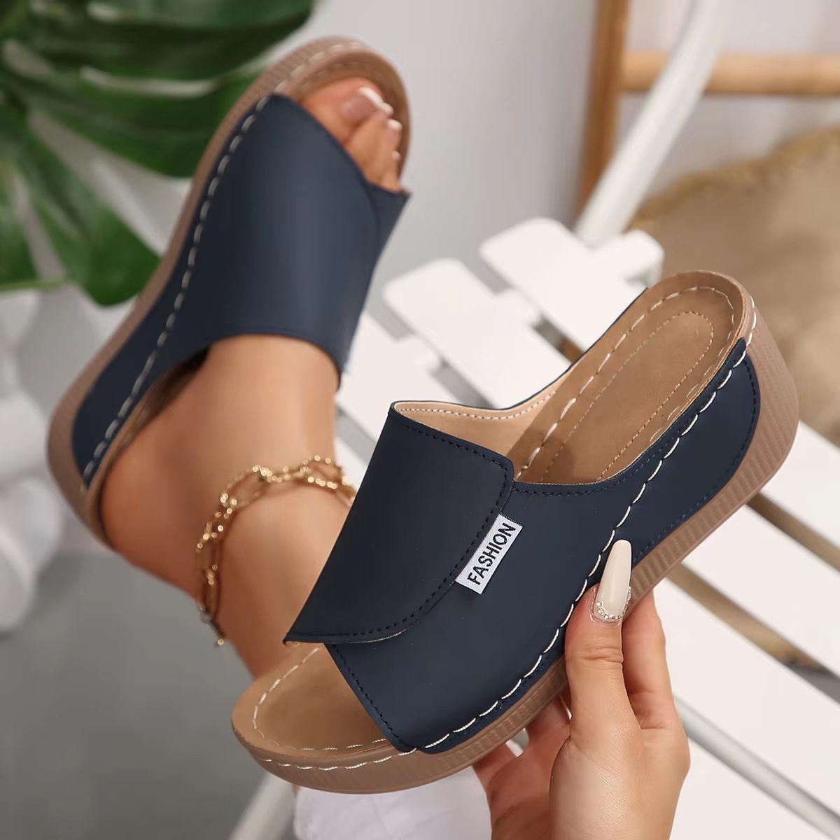 Womens Summer Wedge Slippers  Breathable Open Toe Fashion Slides With Adjustable Buckle 8
