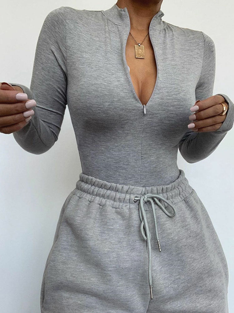 Solid Zipper Bodycon Bodysuit For Women Sexy Mock Neck Long Sleeve Basic Fashion Slim Bodysuits For 2