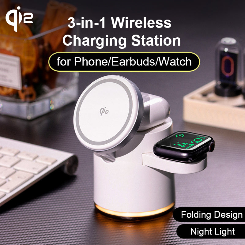 3-in-1 Wireless Charger Foldable Dock, Qi2 Fast Charging Station, Stand for iPhone , AirPods, Apple Watch