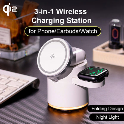 3-in-1 Wireless Charger Foldable Dock, Qi2 Fast Charging Station, Stand for iPhone , AirPods, Apple Watch