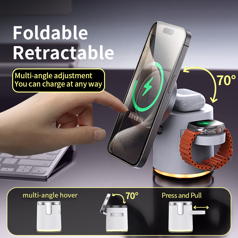 3in1 Wireless Charger Foldable Dock Qi2 Fast Charging Station Stand For IPhone  AirPods Apple Watch 2