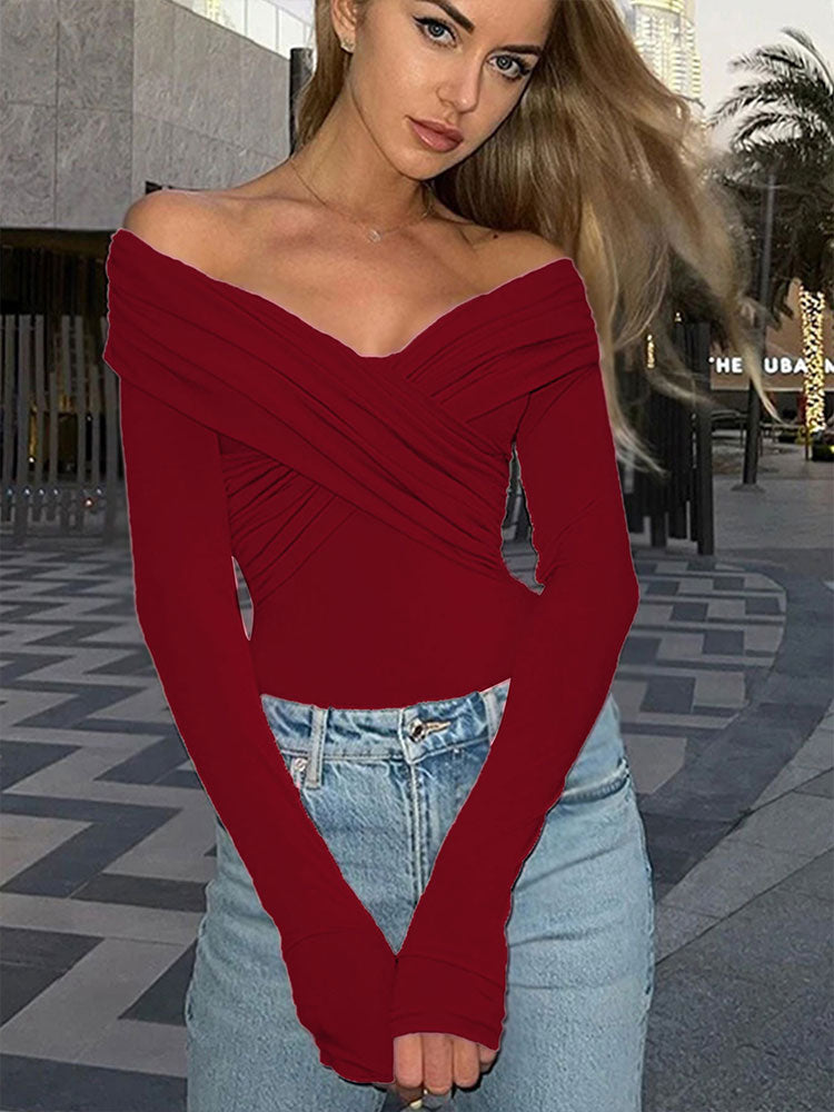 Spring Red Womens Bodysuit Sexy Backless Corset Top Slim Fashion Long Sleeve Romper 6