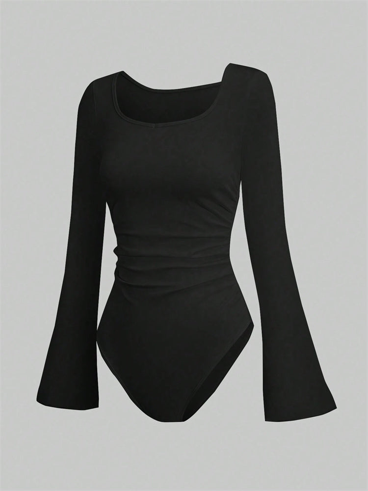 Women's Solid Color Bodysuit, Casual Long Sleeve Blouse, Ruched Flare Jumpsuit for Autumn Winter Streetwear
