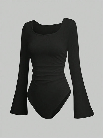 Women's Solid Color Bodysuit, Casual Long Sleeve Blouse, Ruched Flare Jumpsuit for Autumn Winter Streetwear