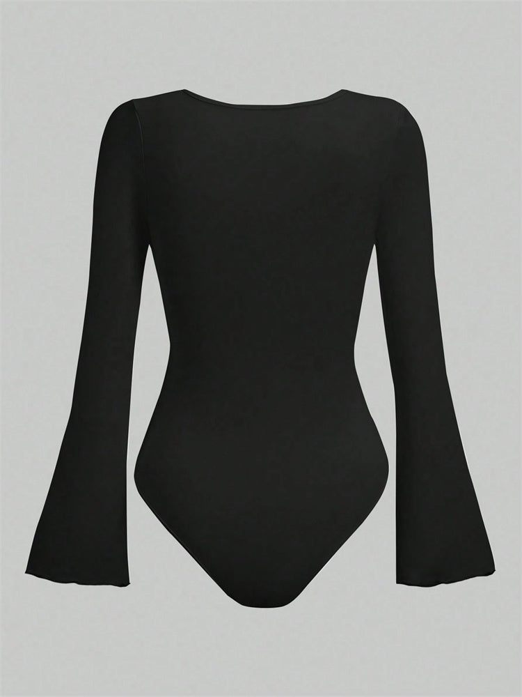 Women's Solid Color Bodysuit, Casual Long Sleeve Blouse, Ruched Flare Jumpsuit for Autumn Winter Streetwear