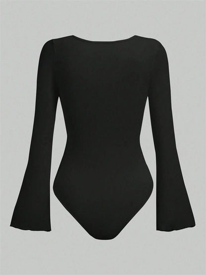 Women's Solid Color Bodysuit, Casual Long Sleeve Blouse, Ruched Flare Jumpsuit for Autumn Winter Streetwear