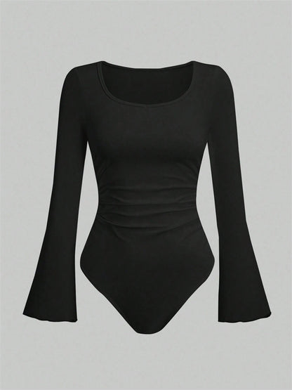 Women's Solid Color Bodysuit, Casual Long Sleeve Blouse, Ruched Flare Jumpsuit for Autumn Winter Streetwear