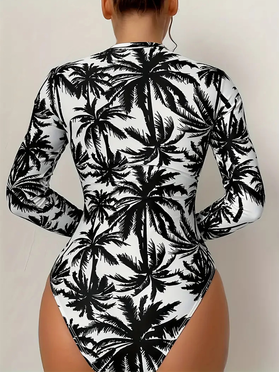 Womens Palm Tree Print Swimsuit Sexy Long Sleeve Bikini Set High Stretch Swimwear Black And White B 1