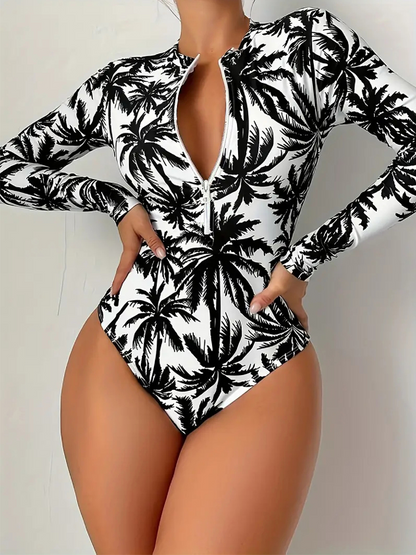 Womens Palm Tree Print Swimsuit Sexy Long Sleeve Bikini Set High Stretch Swimwear Black And White B 4