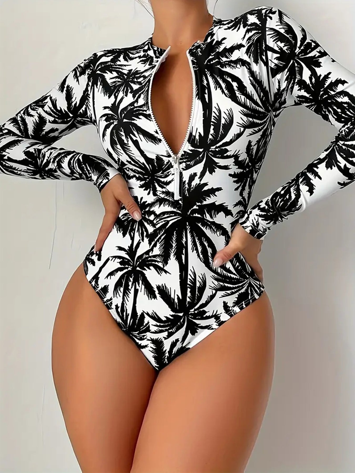 Womens Palm Tree Print Swimsuit Sexy Long Sleeve Bikini Set High Stretch Swimwear Black And White B 5