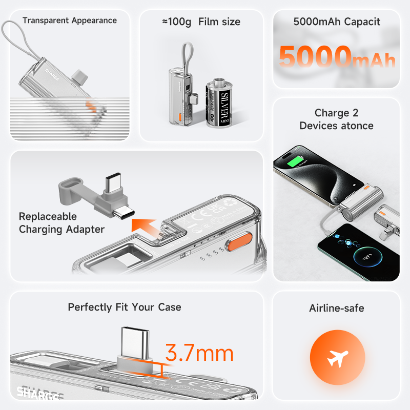 Flow Mini Power Bank, Built-in Replaceable USB-C Lightning Connector, Portable Charger for iPhone, Samsung