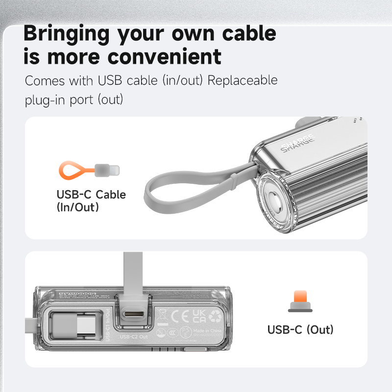 Flow Mini Power Bank, Built-in Replaceable USB-C Lightning Connector, Portable Charger for iPhone, Samsung