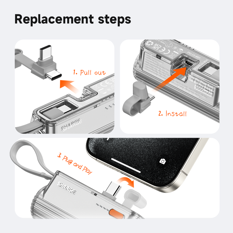 Flow Mini Power Bank, Built-in Replaceable USB-C Lightning Connector, Portable Charger for iPhone, Samsung