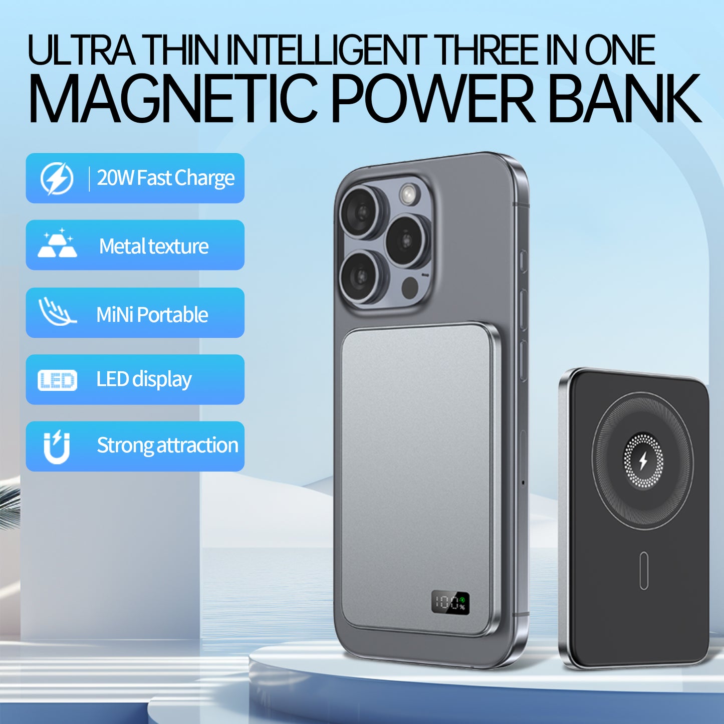 Magnetic Power Bank Wireless Fast Charger For Magsafe, Slim Alloy Backup Battery For iPhone and iWatch