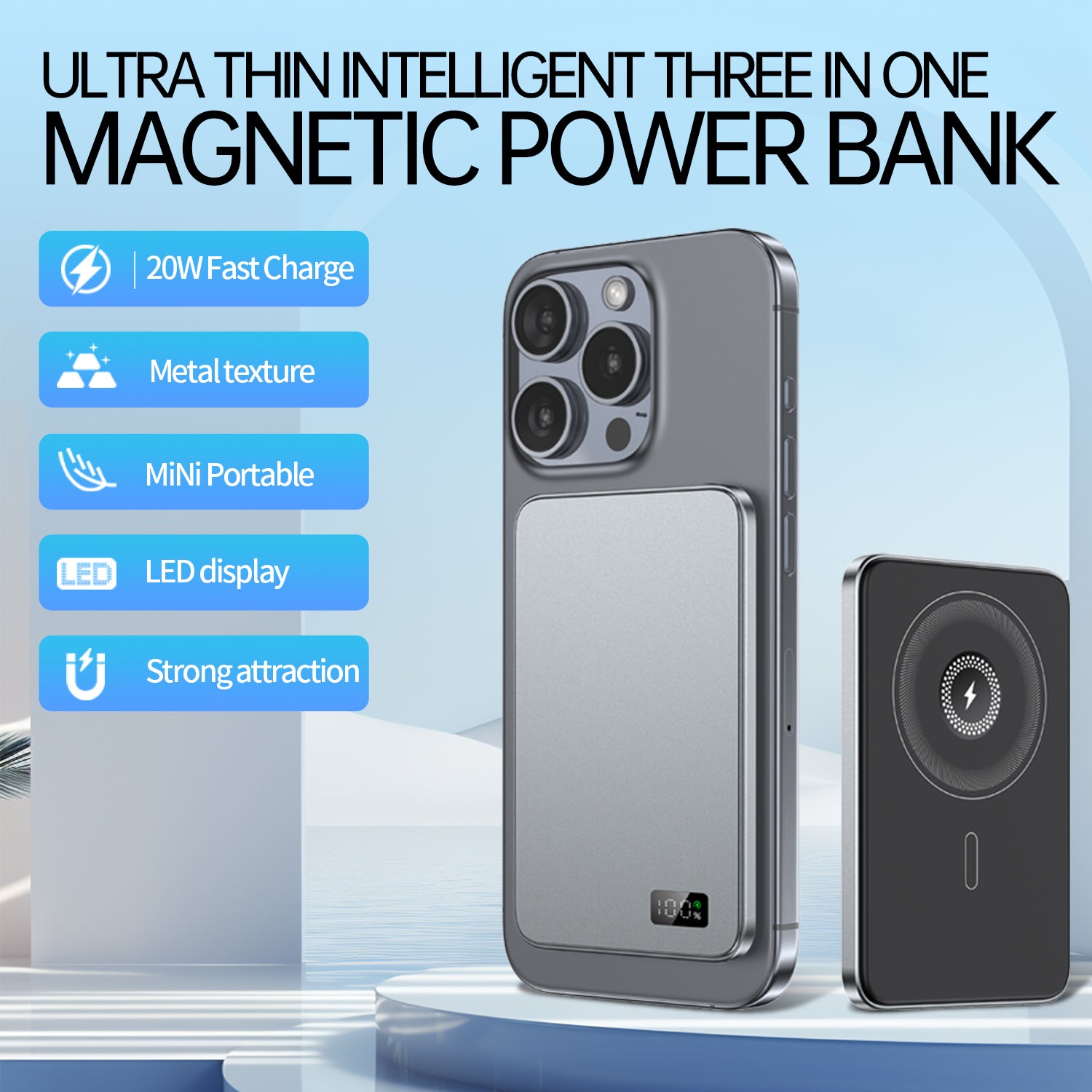 Magnetic Power Bank Wireless Fast Charger For Magsafe, Slim Alloy Backup Battery For iPhone and iWatch