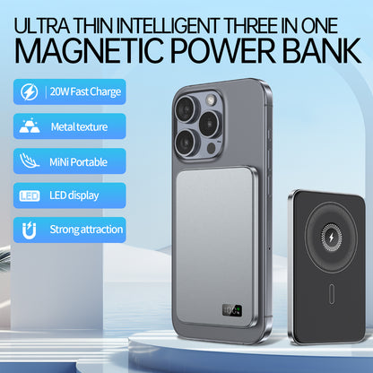 Magnetic Power Bank Wireless Fast Charger For Magsafe, Slim Alloy Backup Battery For iPhone and iWatch