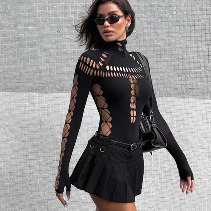Gothic Punk Streetwear Bodysuit Sexy Hollow Out High Collar Bodycon Long Sleeves T Shirt For Women 1