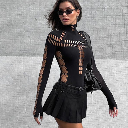 Gothic Punk Streetwear Bodysuit Sexy Hollow Out High Collar Bodycon Long Sleeves T Shirt For Women 1