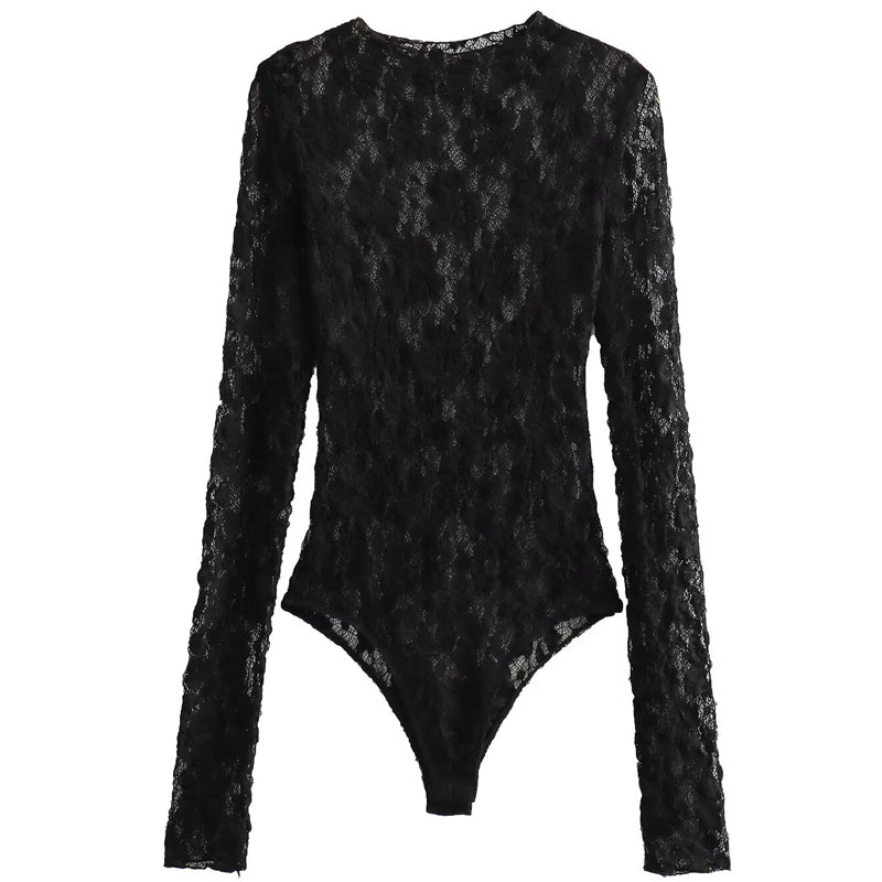 Sexy Black Lace Bodysuit for Women, Chic Hollow Out Design, Long Sleeves, High Spandex Lingerie