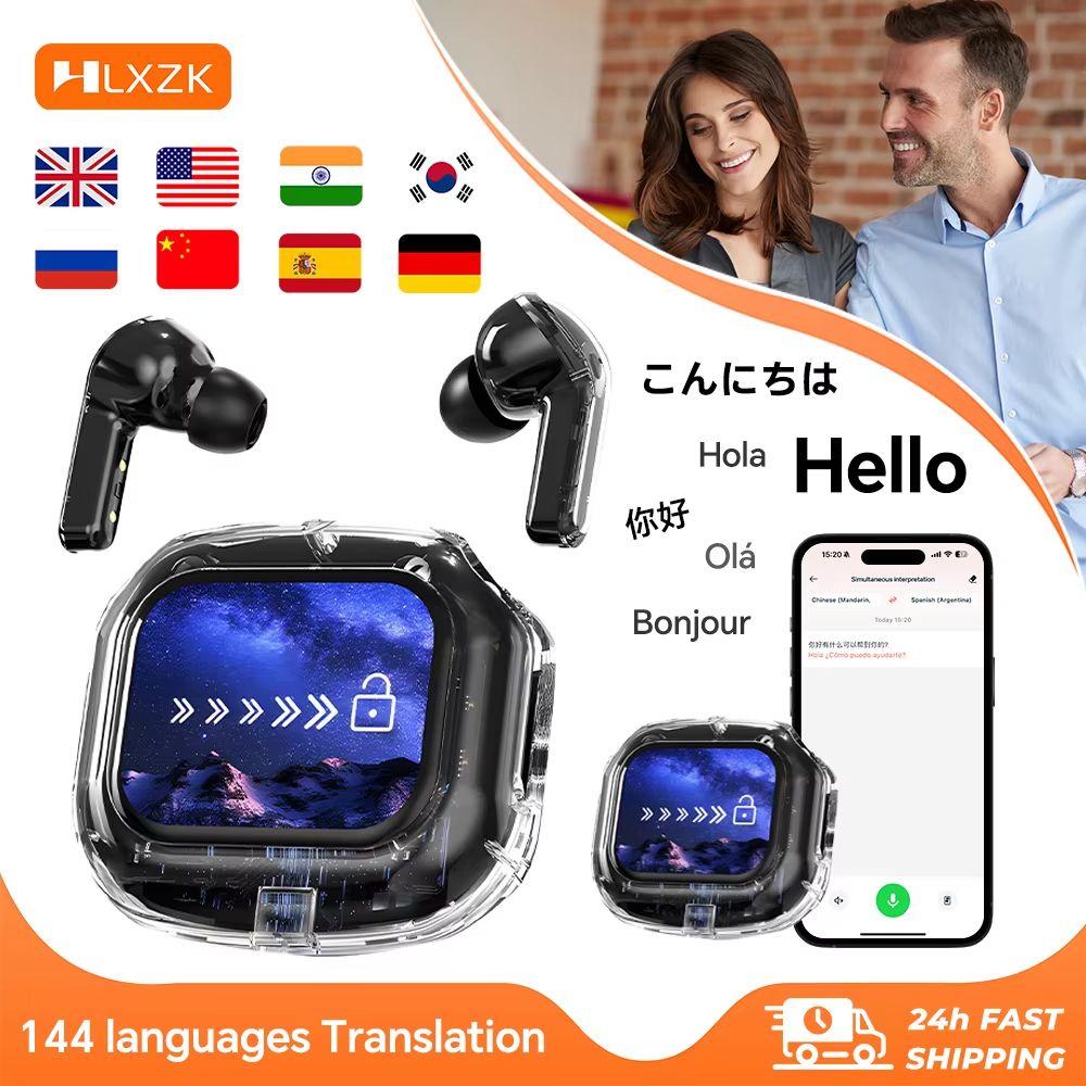 Smart Translation Touch Bluetooth Headphones – Wireless HiFi Earbuds with Real-Time Voice Translation & Touchscreen Cont