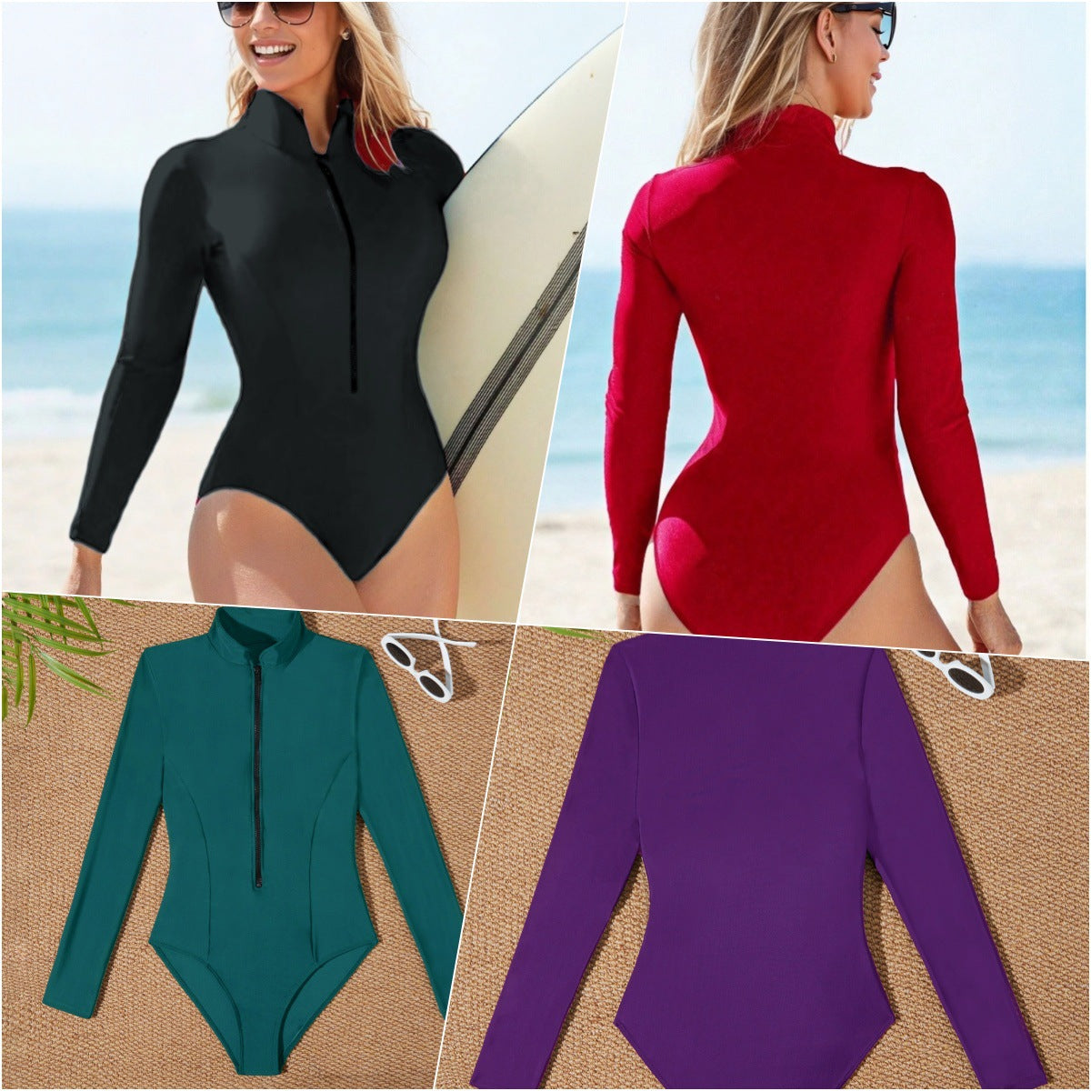 Women's Long Sleeve Surf Suit, Pure Color High Neck Swimsuit, Front Zipper, Fixed Chest Pad