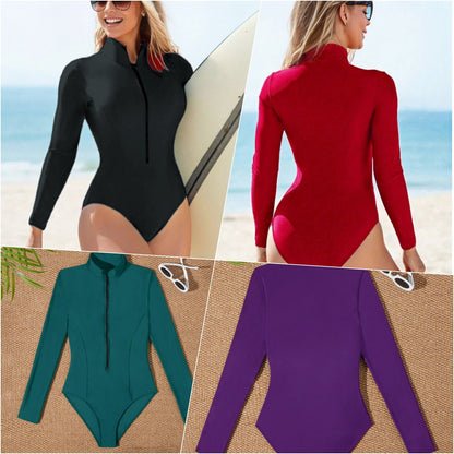 Women's Long Sleeve Surf Suit, Pure Color High Neck Swimsuit, Front Zipper, Fixed Chest Pad