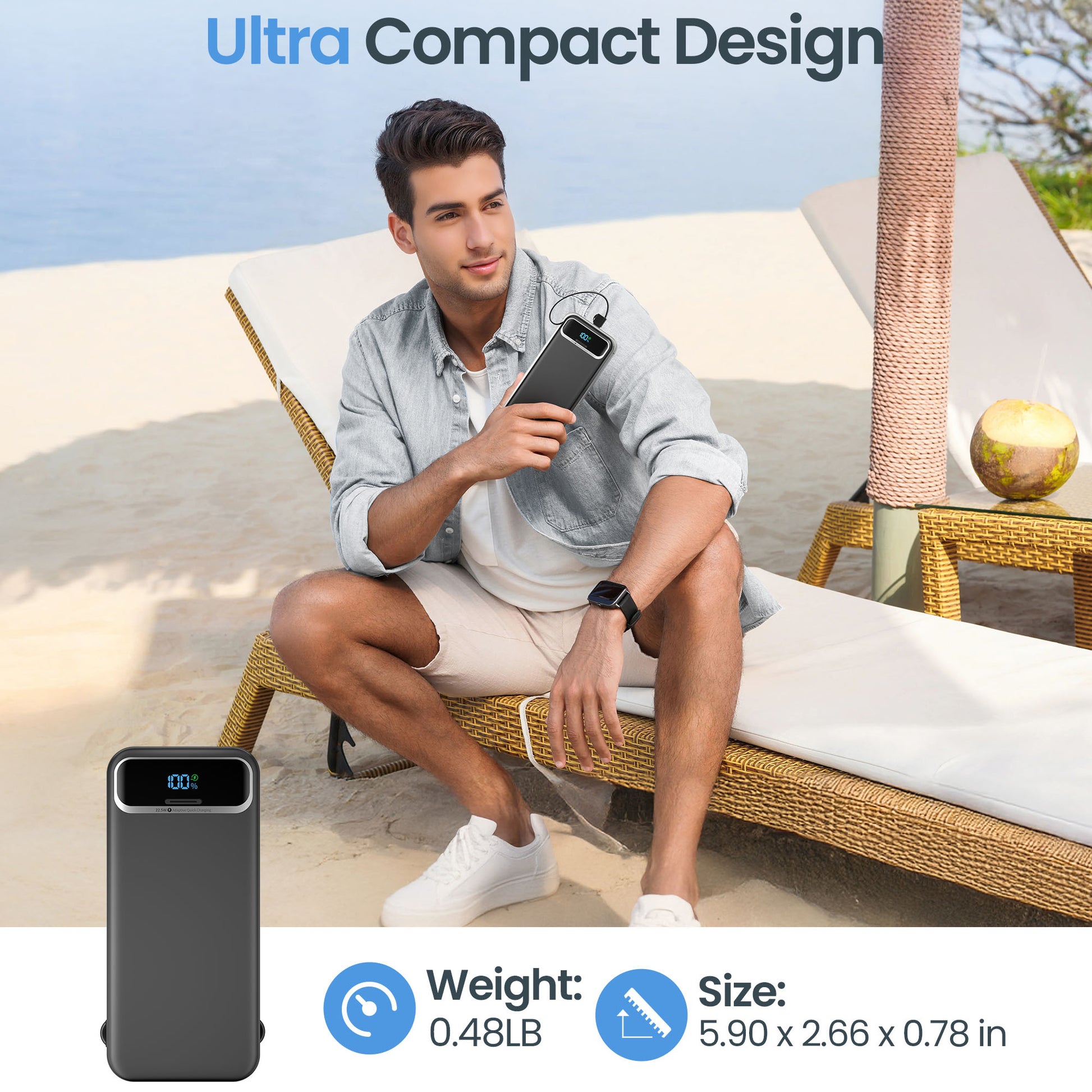 Power Bank, Built-in Cables, 20W Ultra Thin Fast Charging for iPhone, Samsung, Tablet, Travel Power Charger
