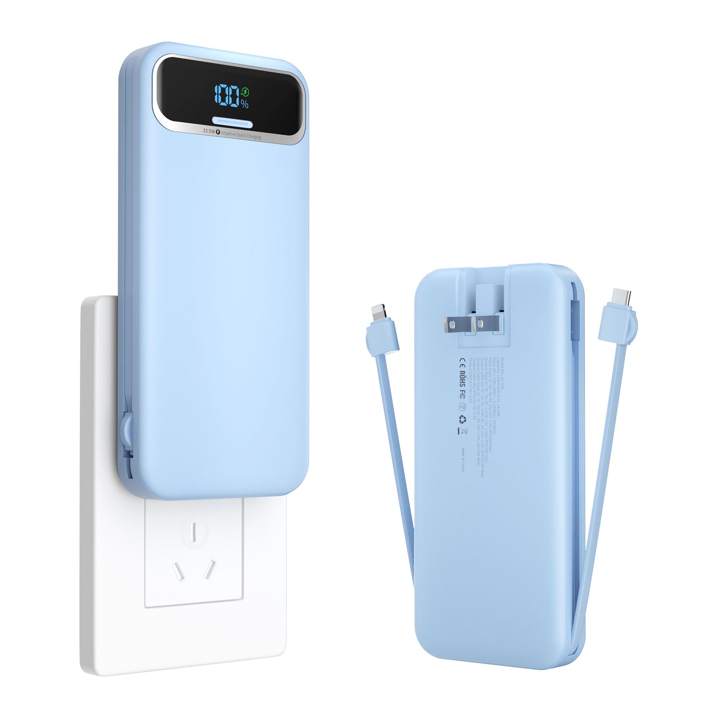 Power Bank, Built-in Cables, 20W Ultra Thin Fast Charging for iPhone, Samsung, Tablet, Travel Power Charger