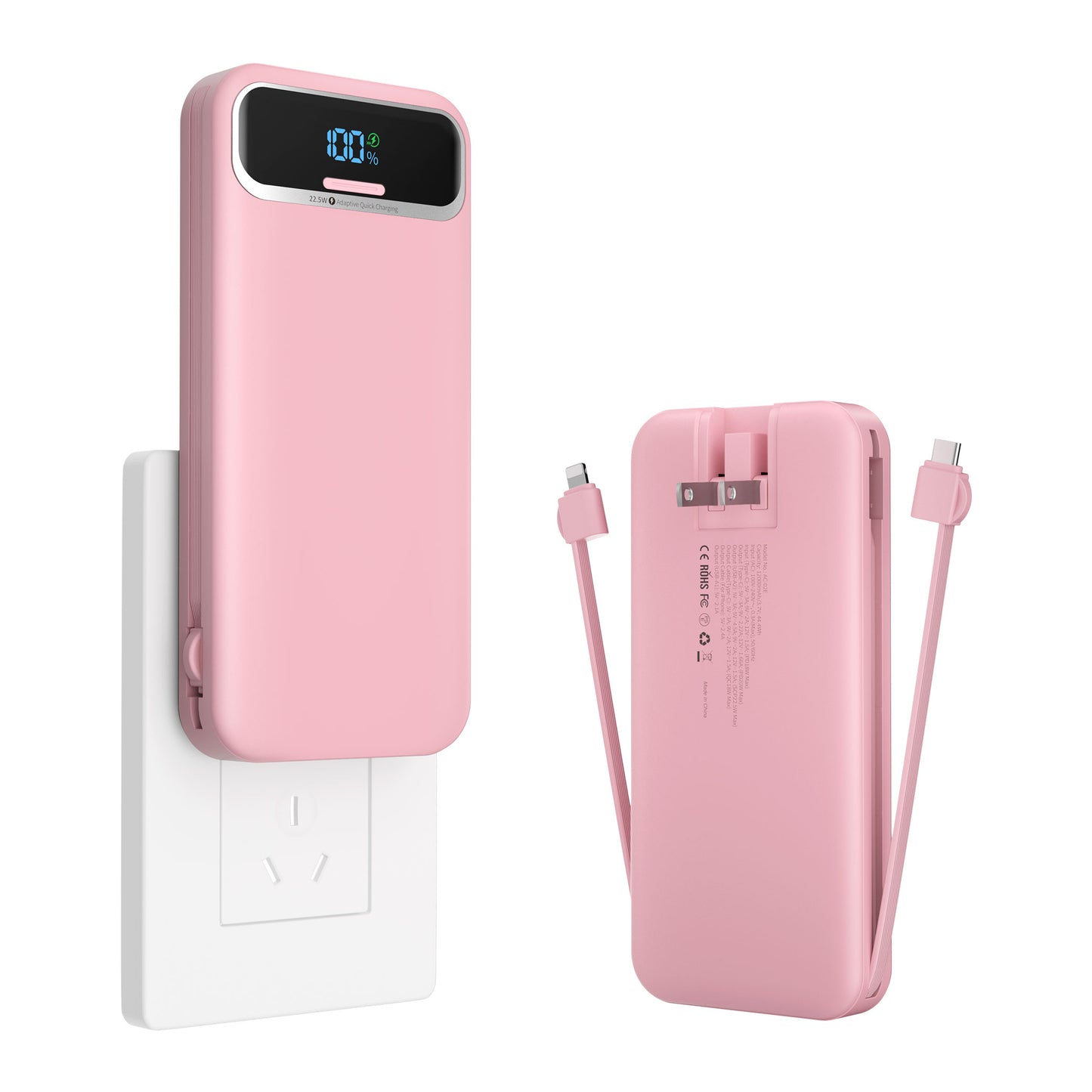 Power Bank, Built-in Cables, 20W Ultra Thin Fast Charging for iPhone, Samsung, Tablet, Travel Power Charger