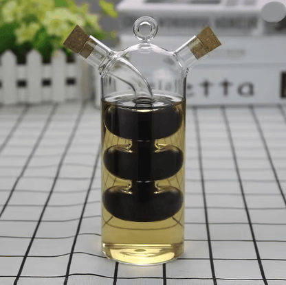 DualPour 2 in 1 Glass Oil and Vinegar Bottle Double Layer Condiment Dispenser for Kitchen Storage