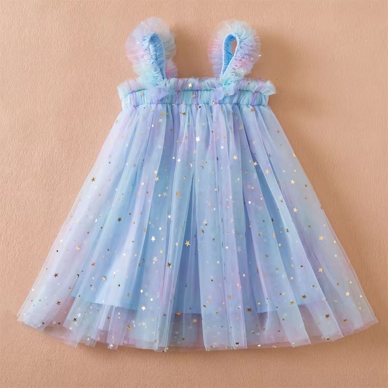 Sweet Summer Princess Sequin Dress  Flying Sleeve Bow Party Dress For Baby Girls 26 Years 1