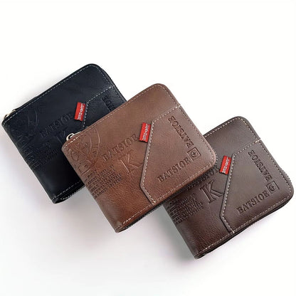 Mens Classic PU Leather Wallet  Zipper Short Wallet With Coin Pocket  Card Holder 3