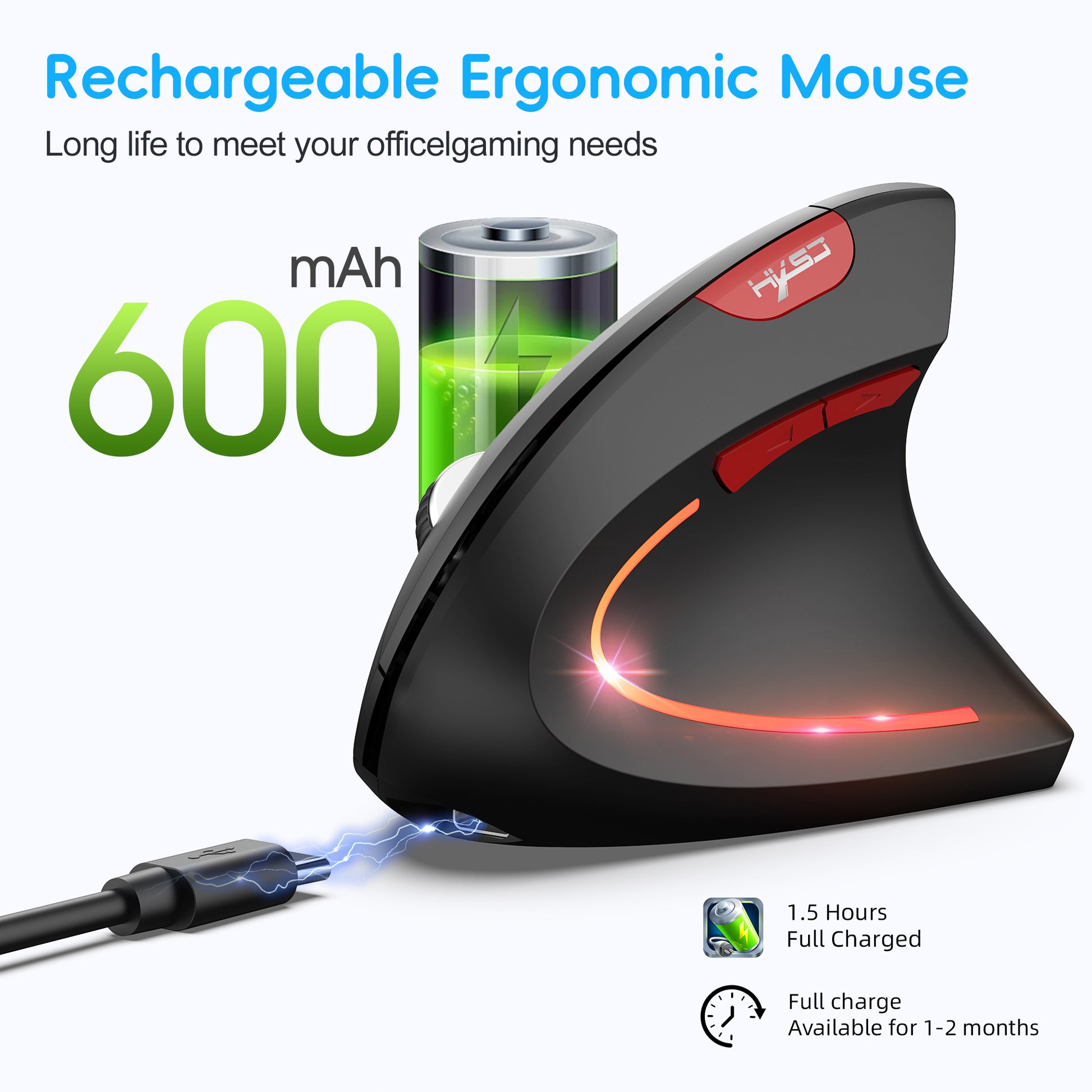 Dual Mode Vertical Mouse, Ergonomic Rechargeable ABS, Wireless Mouse for PC, Type-C Connect