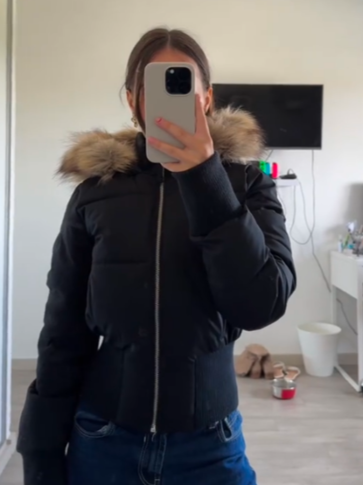 Womens Faux Fur Hooded Jacket Quilted Cropped Coat Winter Fashion Outerwear With Zipper Pockets 2