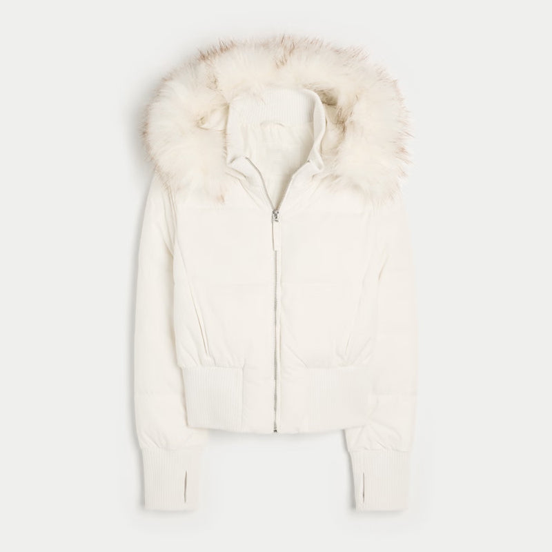 Womens Faux Fur Hooded Jacket Quilted Cropped Coat Winter Fashion Outerwear With Zipper Pockets 5