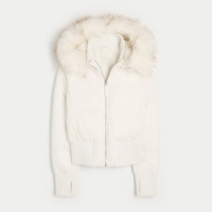 Womens Faux Fur Hooded Jacket Quilted Cropped Coat Winter Fashion Outerwear With Zipper Pockets 5