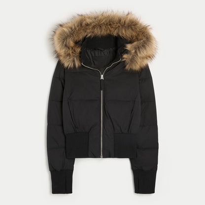 Womens Faux Fur Hooded Jacket Quilted Cropped Coat Winter Fashion Outerwear With Zipper Pockets 8