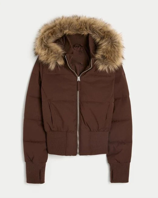 Womens Faux Fur Hooded Jacket Quilted Cropped Coat Winter Fashion Outerwear With Zipper Pockets 6